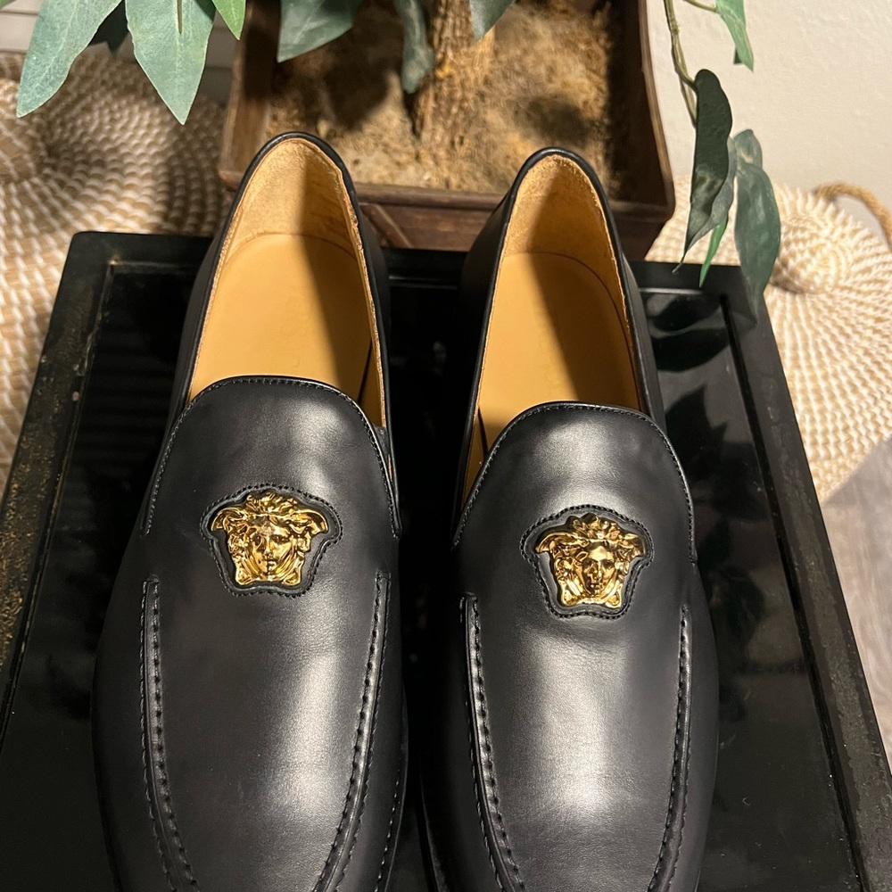 Versace Black and Gold Medusa Loafers Size 10